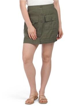 Nicole Miller Linen Skort Olive Green Button Front Utility Mini Skirt Shorts M